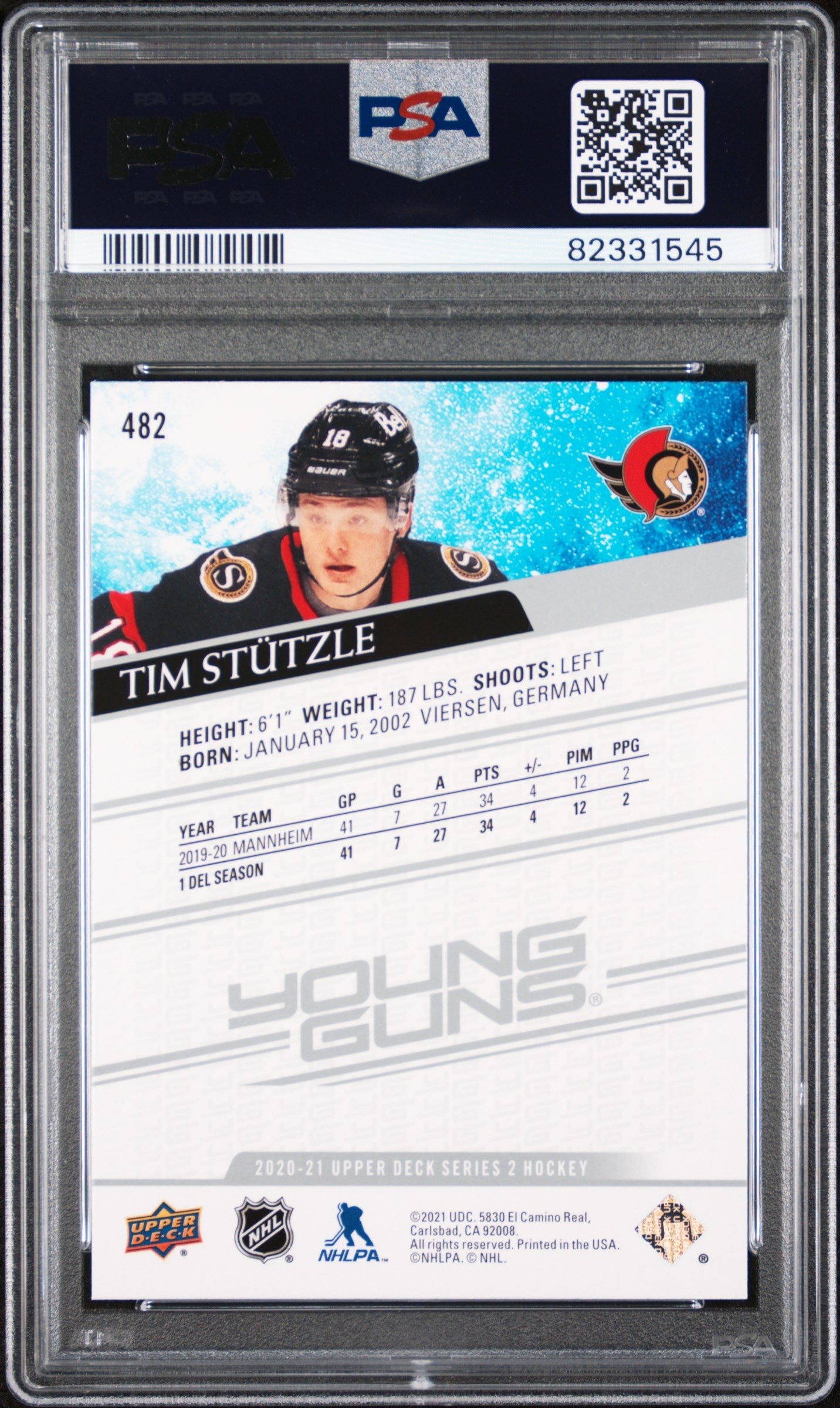 2020 Upper Deck Tim Stutzle #482 PSA 9