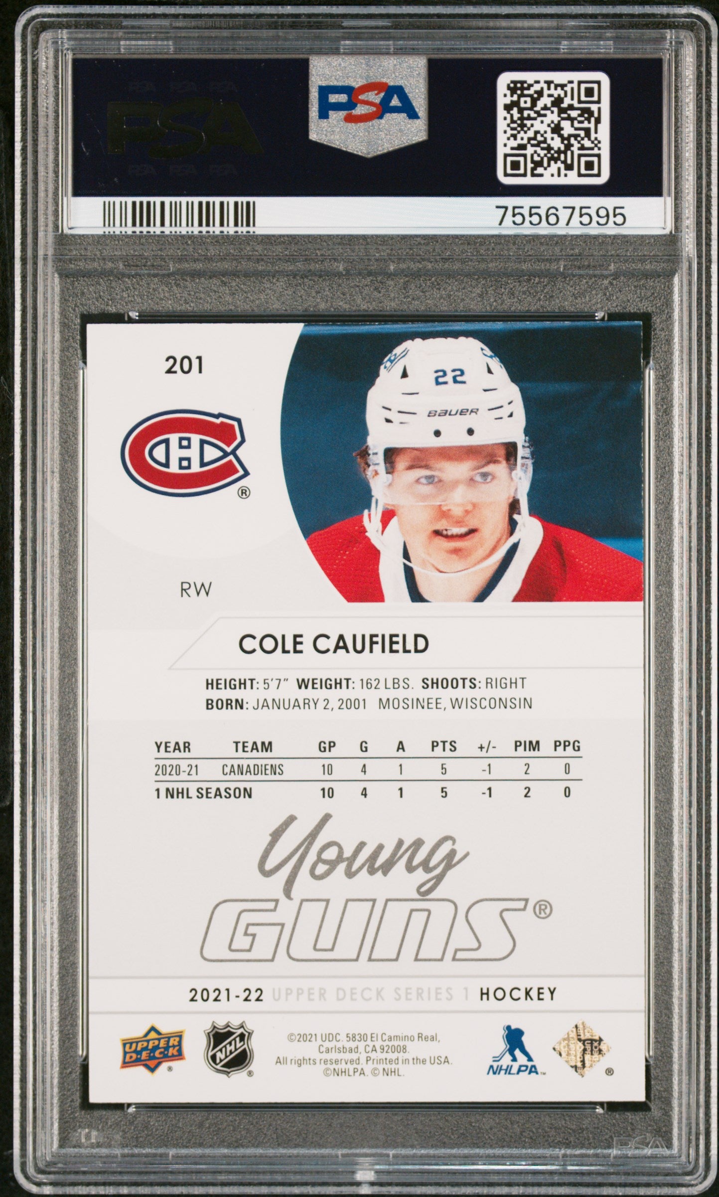 2021-2022 Upper Deck Cole Caufield #201 PSA 9