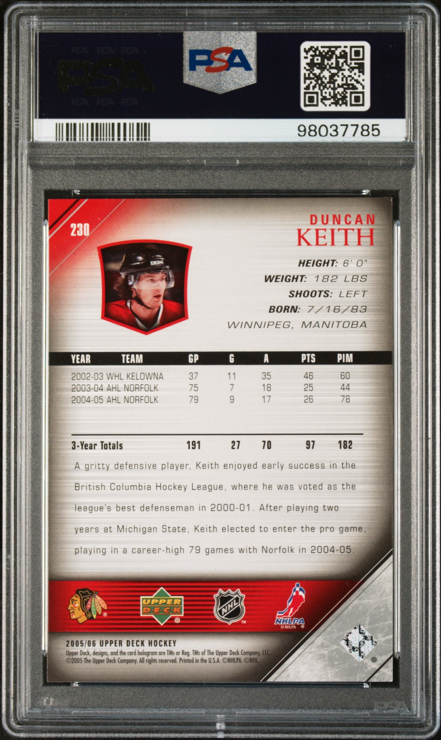 2005 Upper Deck Duncan Keith #230 PSA 9