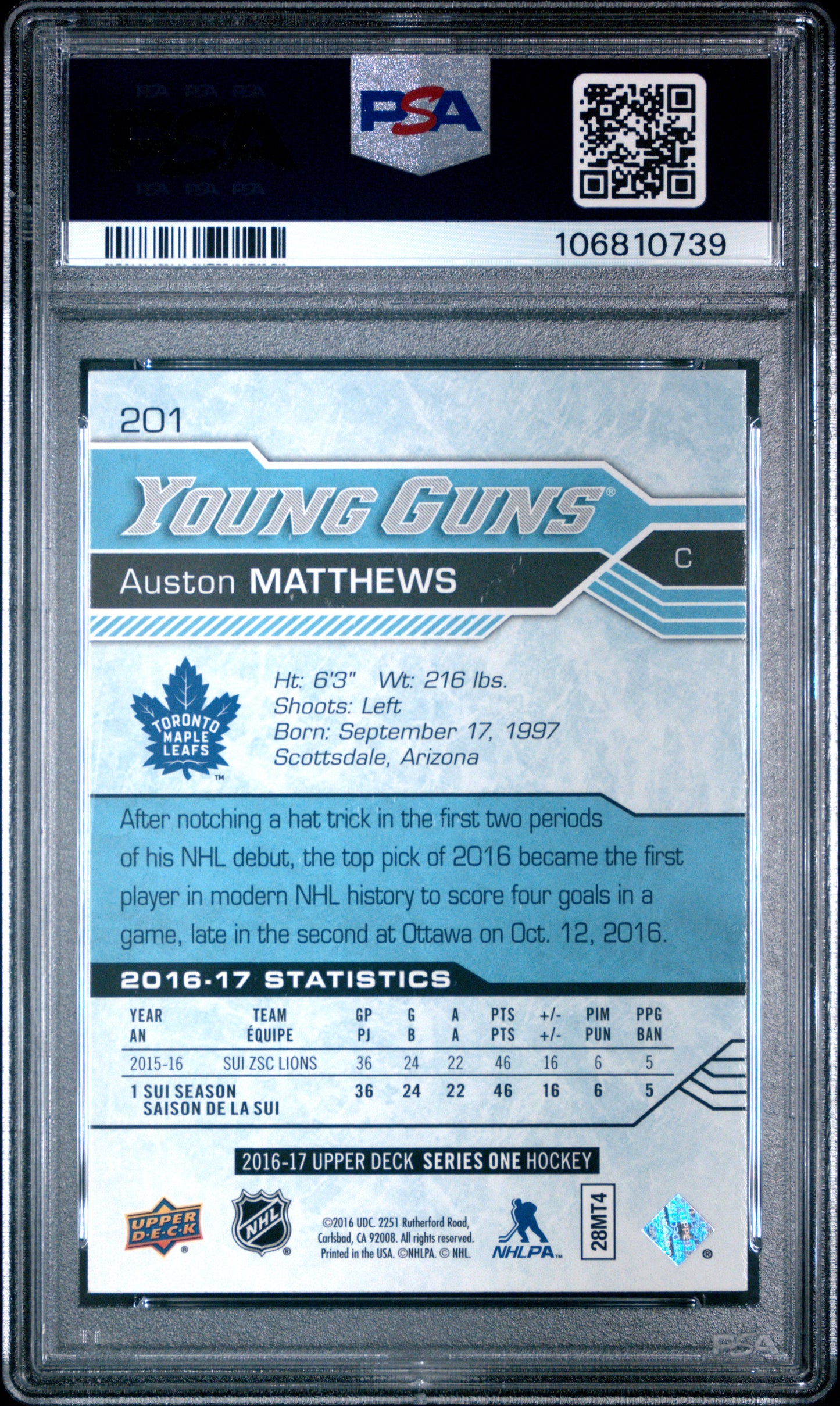 2016 Upper Deck Auston Matthews #201 PSA 10