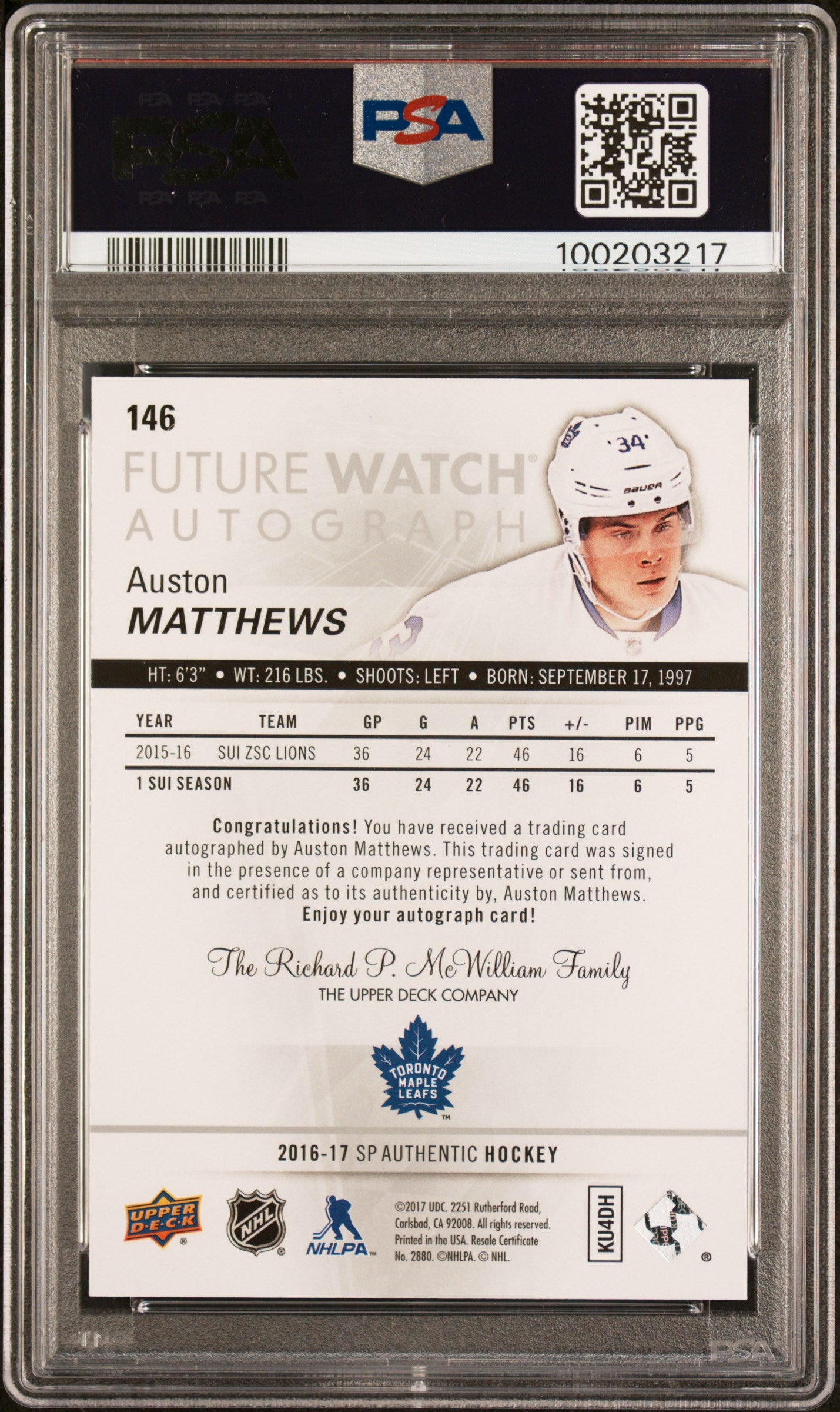 2016 SP Authentic Auston Matthews #146 Autograph PSA 9 Auto 10