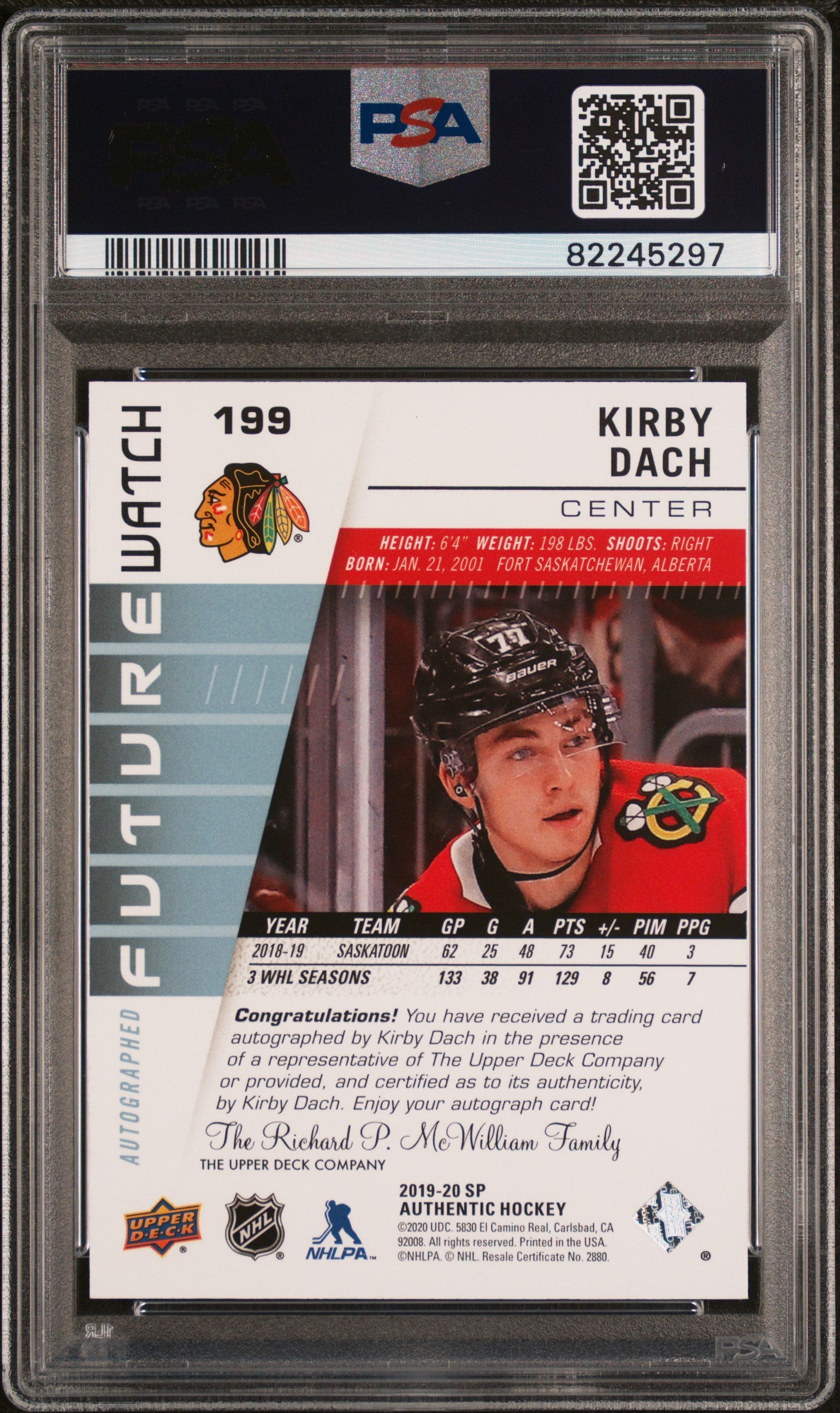 2019 SP Authentic Kirby Dach #199 Autograph PSA 10