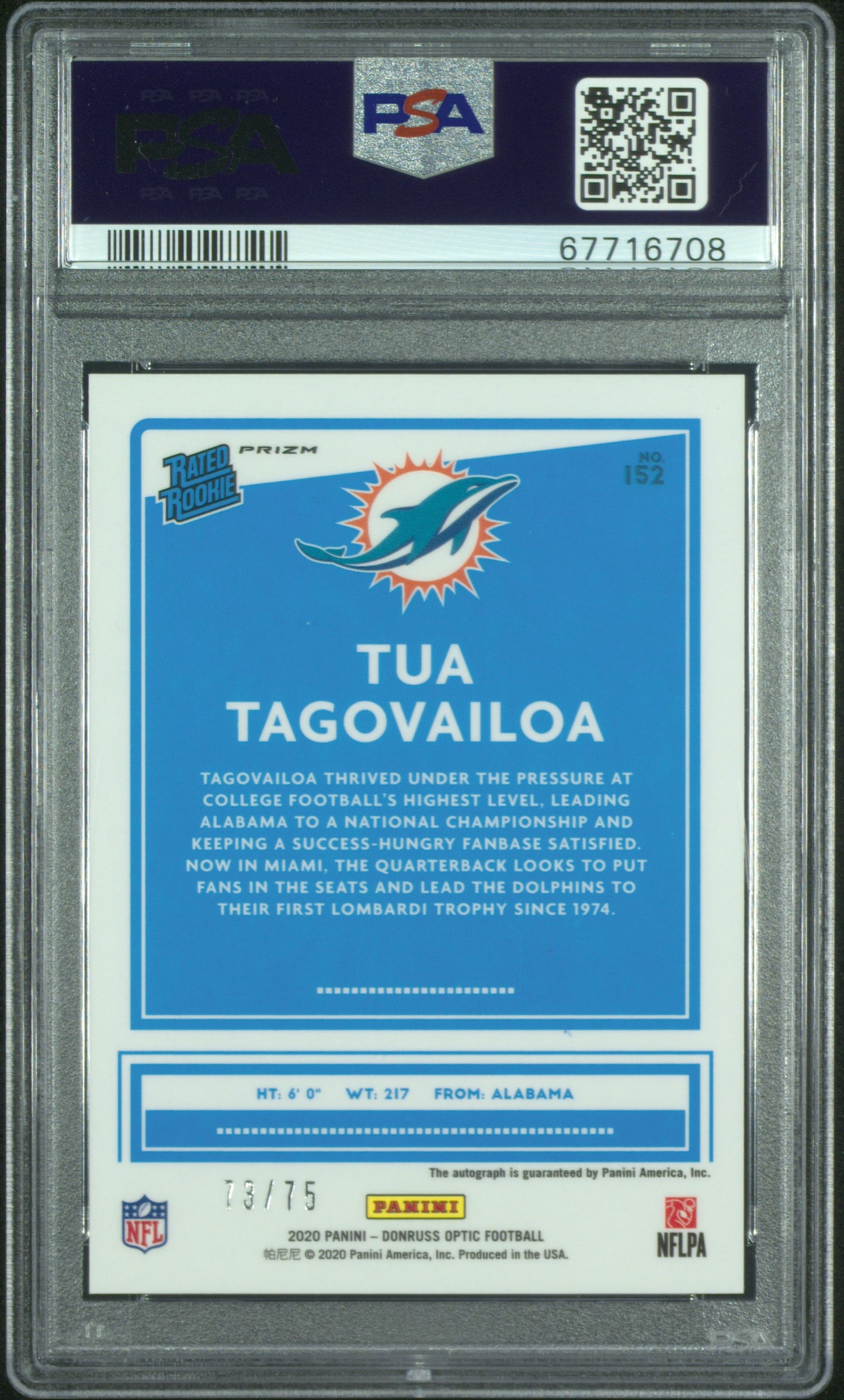 2020 Panini Donruss Optic Tua Tagovailoa #152 PSA 10