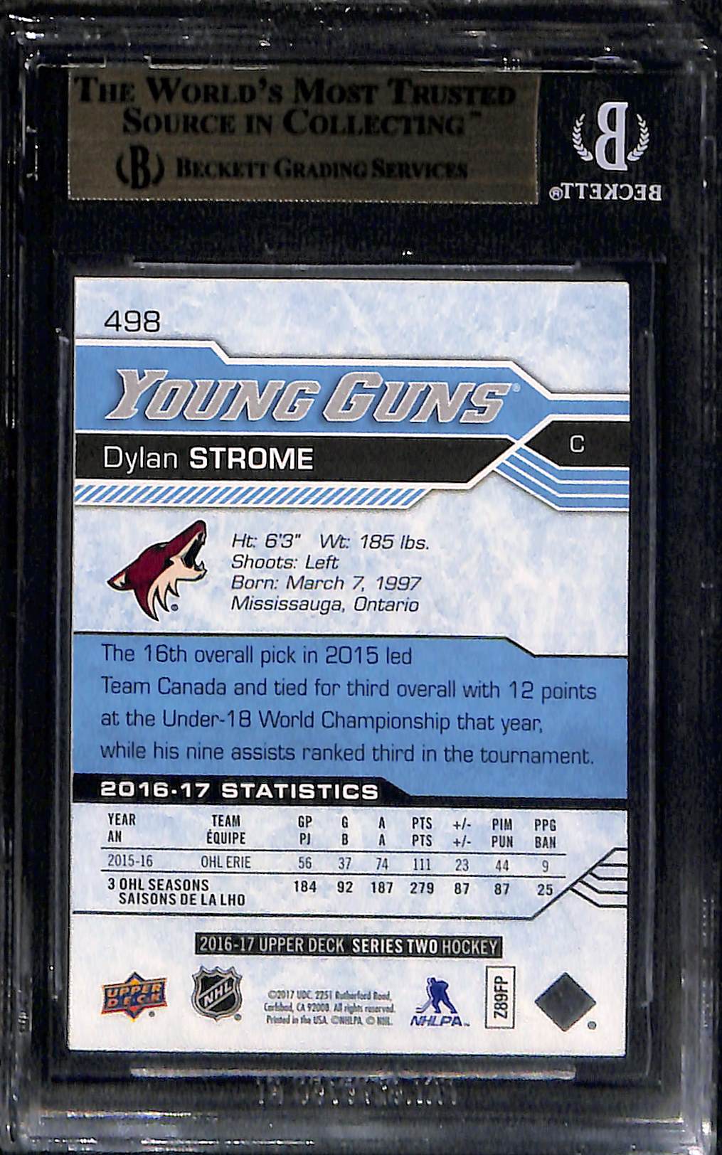 2016 Upper Deck Exclusives Dylan Strome YG #498 BGS 9.5