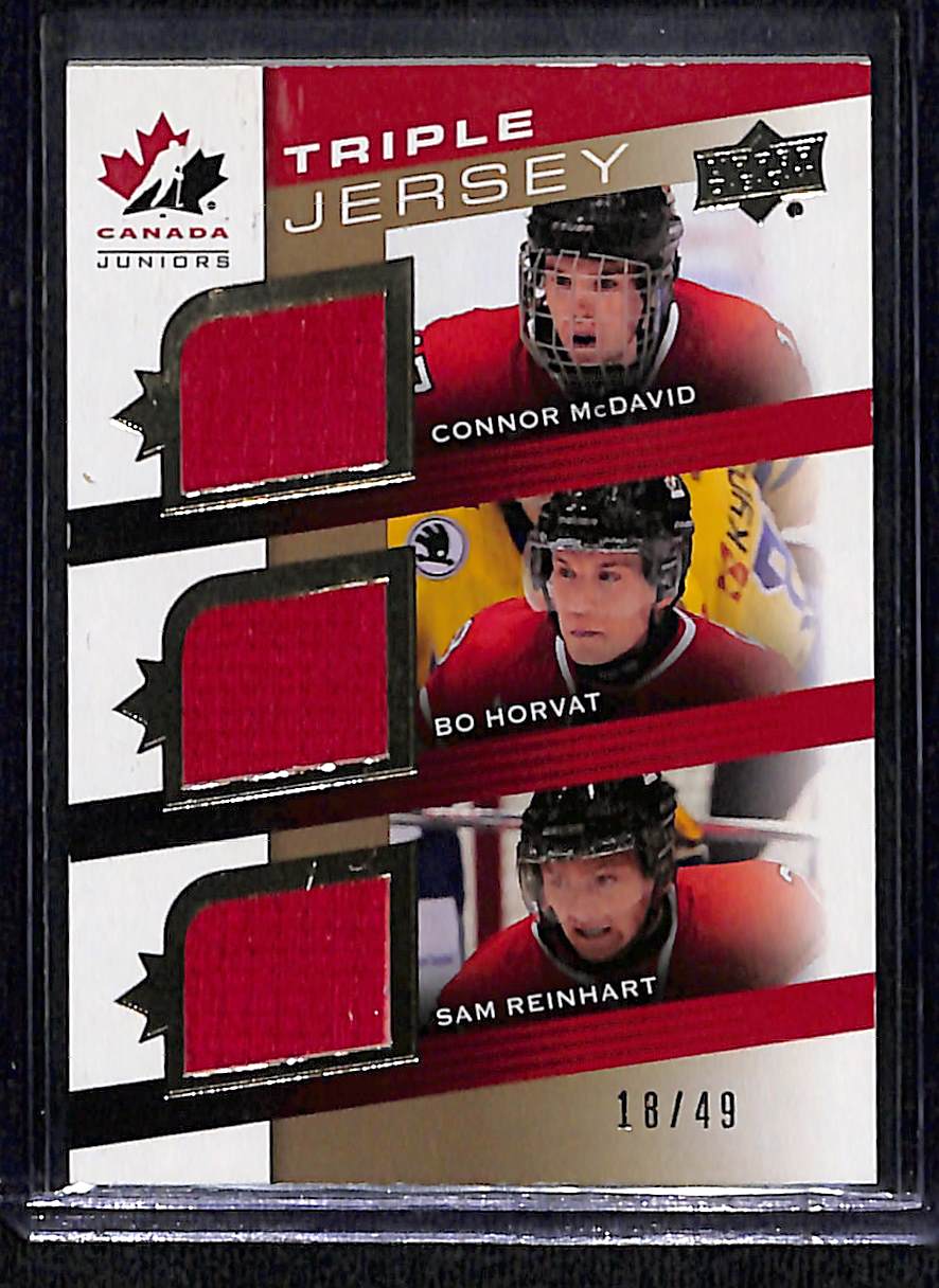 2014 Upper Deck Canada Juniors Sam Reinhart Connor McDavid Bo Horvat #TCT-MHR Triple Jersey 18/49