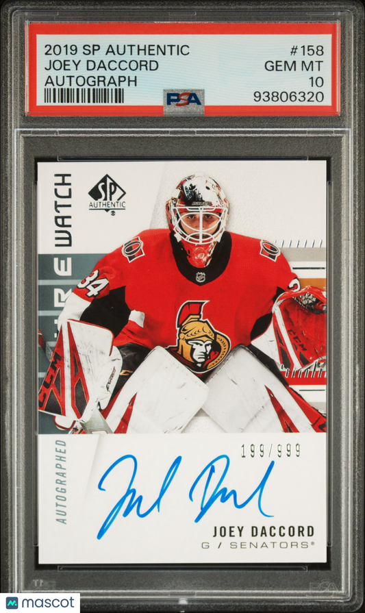 2019 SP Authentic Joey Daccord #158 Autograph 199/999 PSA 10