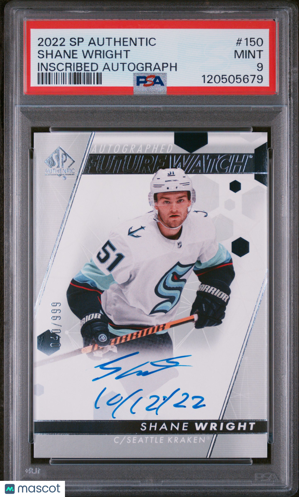 2022 SP Authentic Shane Wright #150 Inscribed Autograph PSA 9